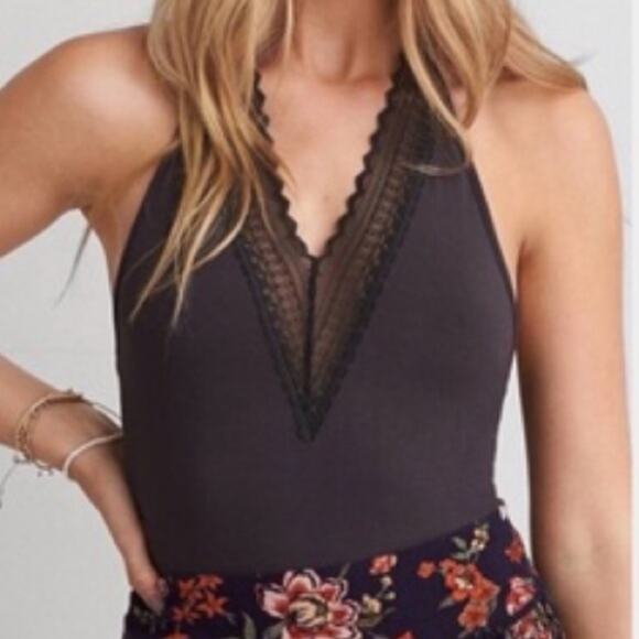 American Eagle Essential Black Lace Deep V-Neck Halter Bodysuit - Picture 1 of 12